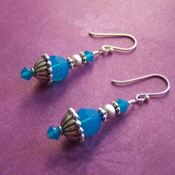 OOAK NEW Sterling Caribbean Blue Crystal Earrings - Picture 2 of 5